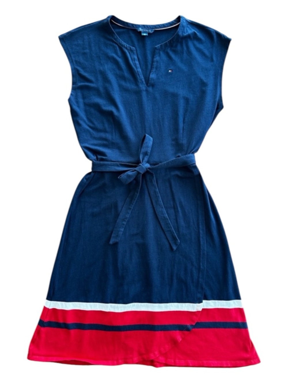 Tommy Hilfiger Sleeveless Navy Red White Striped Dress Tie-Waist | Size Small